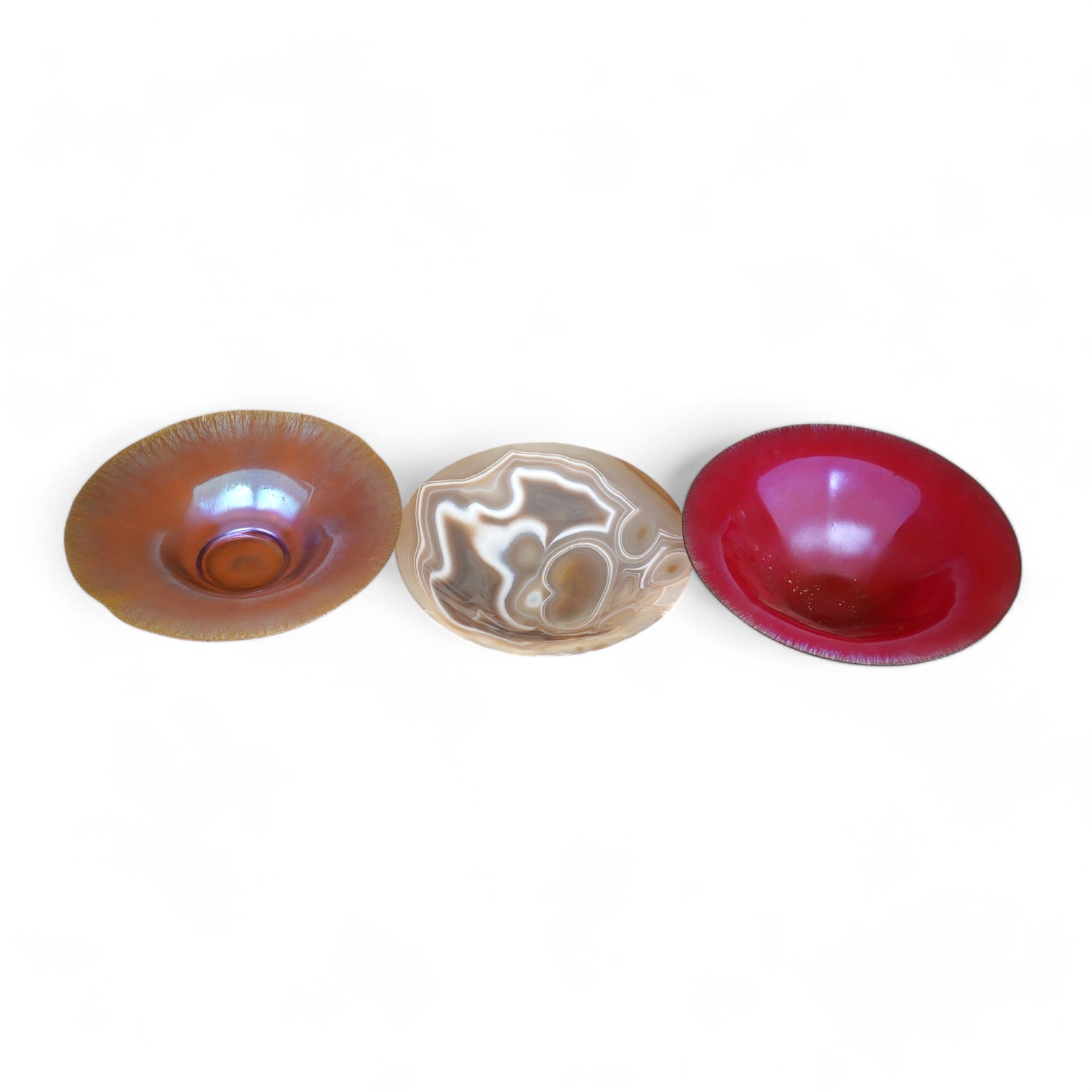 Two iridescent WMF art glass bowls and a polished agate bowl (3). Widest WMF bowl 16.5cm diameter. Condition - good